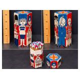 Vintage British Character Hexagonal Match Holder with Colorful Matches and Union Jack Lid - Potterville