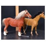 Vintage 1980s Flocked Clydesdale and Buckskin Horse Pair with Orig Halter and Lead - Potterville