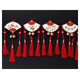 Vintage Chinese Fan Ornaments Set of 4 - Painted Designs, Bells & Red Tassels - Potterville