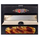 Vintage 1940-50s German Bakelite Tortoiseshell-Style Comb & Petit Point Floral Mirror Case - Potterville