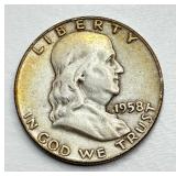 1958 D - Silver Franklin Half Dollar