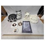 2 Large Ceramic Cats w/ 2 Small Decorative Coasters and a Keychain