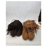 2 Pair of Sued Minnetonka 3-Layer Fringe Boots in Tan and Brown Women