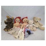 2 Vintage Raggedy Anne Dolls w/ Stuffed Moose, Cat, and Bear