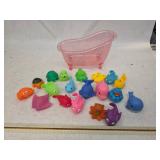 Small Plastic Tub w/ Small Collection of Rubber Bath Kid