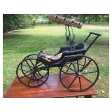 Antique 19th Century Victorian Doll Carriage Pram Buggy Wooden Fringed Canopy