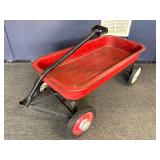 Vintage Red Metal Pull Wagon with Heavy-Duty Steerable Front Axle
