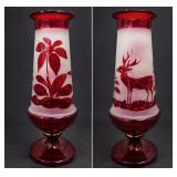 Antique Bohemian-Style Ruby-Flashed Glass Pedestal Vase Etched Stag & Floral Motifs 1890-1910 - Potterville