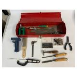 Vintage Red Metal Toolbox Tool Lot: Chisels, Drill Bits, Files & Hand Tools