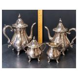 Ornate Silverplate 4 Piece Tea and Coffee Service with Footed Pots, Sugar and Creamer - Potterville