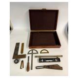 Vintage Wooden Storage Box with Drafting, Surveying, and Measuring Tool Lot
