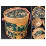 Antique Lithographed Pasteboard Childs Hat/Muff Box With Pastoral Carriage Scenes 1800s - Potterville