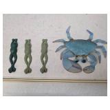 3 Vintage Cast Iron Frog Hooks w/ Metallic Crab Decoration