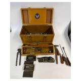 Vintage Wooden Toolbox Lot: Stanley Wood Planer, Tap & Die Sets, and Hand Tools