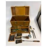 Vintage Wooden Toolbox Lot: Tap & Die Sets, Precision Hand Tools & Drafting Accessories