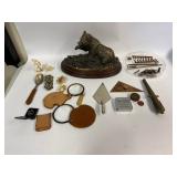 Antique Collectibles Lot: Vintage Brass Canon, Bear Sculpture & Mixed Collectibles Lot