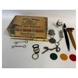 John Ruskin Cigar Box & Mixed Collectibles Lot: Skeleton Keys, Poker Chips & Novelties #2