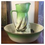 Large Antique Royal Doulton Wash Bowl Basin Pitcher Set Boats Ships