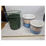 2 Vintage Ceramic Crock Planters w/ Green Metallic Planter