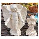 2 White Ceramic Angels Large Glossy Angel Planter & Bisque Praying Angel Candle Holder - Potterville