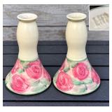 Linden Hills Pottery Hand-Painted Pottery Pink Rose Candlesticks Matching Pair - Potterville
