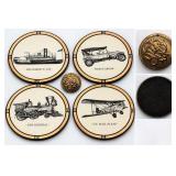 Antique Grand Army of the Republic Civil War Veterans Button & 4 Vintage Transportation Coasters - Potterville