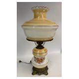Vintage Hurricane Table Lamp: Floral Glass & Ornate Brass Base
