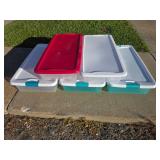 5 Long Sterilite Plastic Totes on Wheels