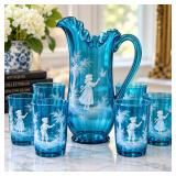 c. 1958-1959 RARE Fenton Jamestown Blue Mary Gregory 7-Pc Set Ruffled Pitcher & 6 Tumblers - Potterville