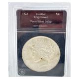 1923 - Peace Silver Dollar - Bradford Mint Certified Very Good