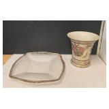 Art Glass Gold Speckled Dish and Gold Trimmed Ceramic Vase