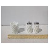 Fenton Vintage Hobnail Milk Glass Salt & Pepper Shaker Set & Matching Candlestick Holder - Estate Sales Warehouse (GR)