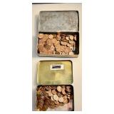 Vintage Pharmacy and Cigar Tins filled with over 500 Unsorted 1900s Lincoln Wheat Cents