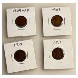 Lot of 4 Early Date Lincoln Cents - 1909 VDB - 1909 - 1910 - 1911