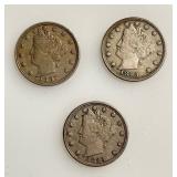 Lot of 3  - 1883 "No Cents" Variety - First Year Liberty V Nickels
