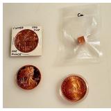 3 One Ounce .999 Fine Copper Coins with Solid Copper Cube