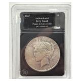 1927 - Peace Silver Dollar - Bradford Mint Authenticated Very Good