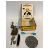 Vintage King Edward Cigarillo Box & Collectibles Lot: Roosevelt Dime Dish, Lock & Pocket Knife #9