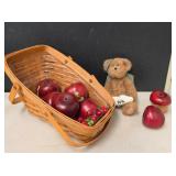 Vintage Longaberger Basket with Wooden Apples and Cherries and Boyds Bear