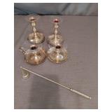 4 Baldwin Brass Heavy Candle Holders, Brass Candle Snuffer, Glass Wax Catchers
