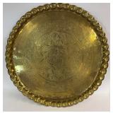 Vintage Large Etched Brass Serving Tray: Scalloped Rim & Floral Starburst Design