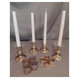 4 Brass Heavy Candle Holders, Glass Wax Catchers, 4 Baldwin Brass Napkin Rings, 4 Brass Napkin Rings