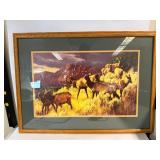 Framed Elk Herd Wildlife Print: Mountain Meadow Landscape Art by S. Beecham