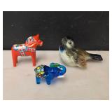 Vintage Murano Glass Elephant, Hand Carved Wooden Dala Horse, and Goebel Bird