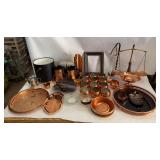 Vintage Copper & Brass Decor Lot: Serving Trays, Scales, Compote Bowl & Cups