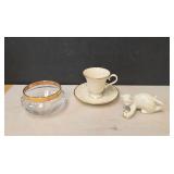 Lenox Kitten, Gold Band Crystal Bowl, and Bone China Lace Saucer and Cup