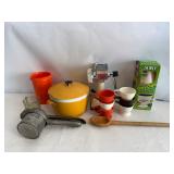 Vintage Kitchenware Lot: Ice Bucket, Food Mill, Solo Cups & Retro Utensils