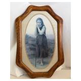 Framed Vintage Girl with Staff Portrait Art Print: Ornate Wood-Grain Frame