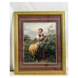 Framed Shepherdess Art Print: Young Girl with Sheep Pastoral Landscape