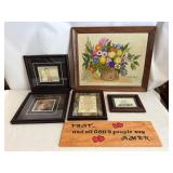 Framed Artwork, Prints & Wooden Decorative Sign Lot: Needlepoint Floral & Calligraphy Wall Decor